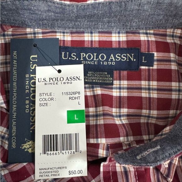 New! US POLO ASSN Red & Blue Plaid Long Sleeve Button Down Shirt Men’s Sz L - Picture 10 of 11